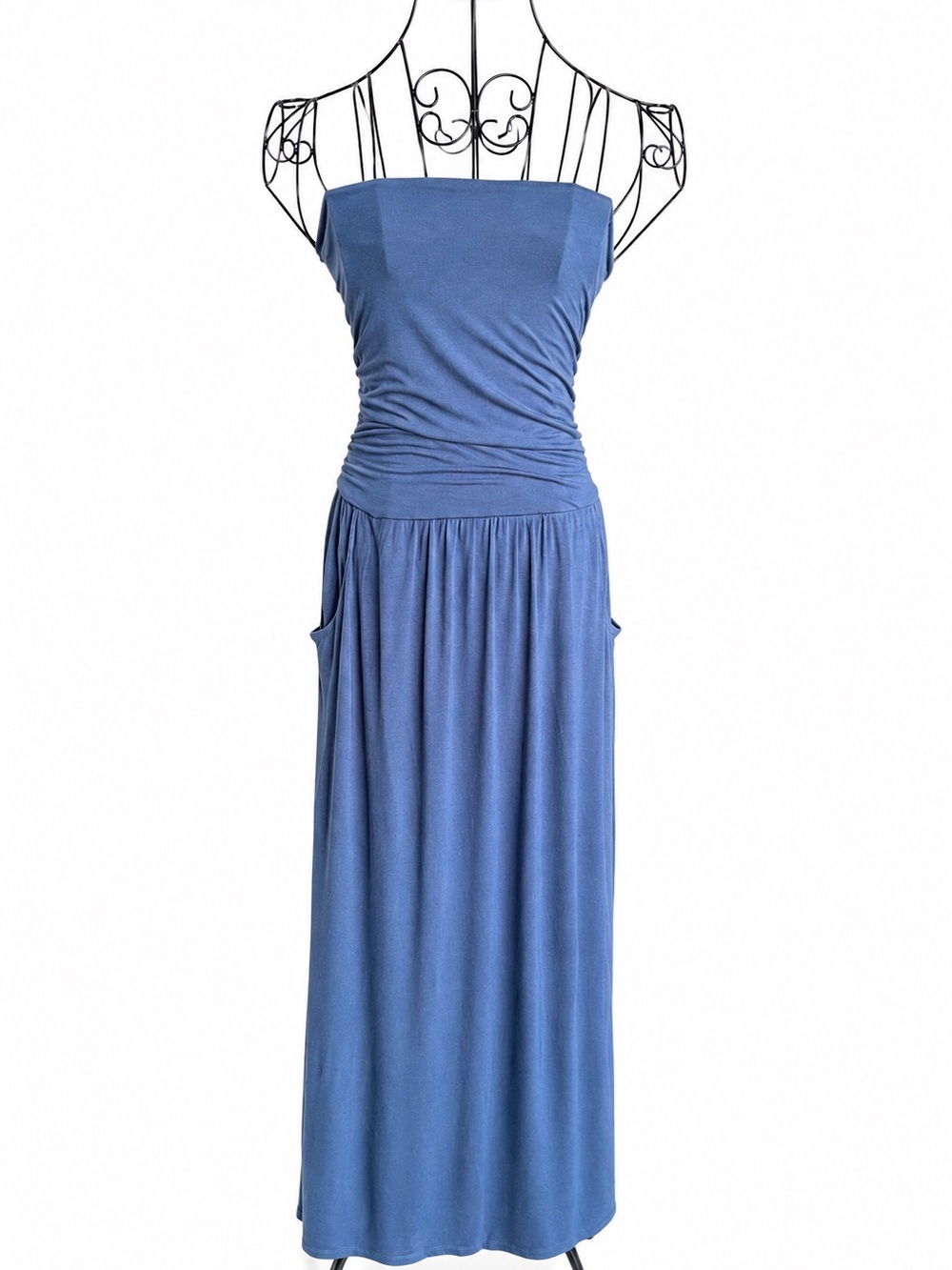 LASCANA Strapless Blue Maxi Dress Ruched Bodice Pockets Stretch Never Worn-S